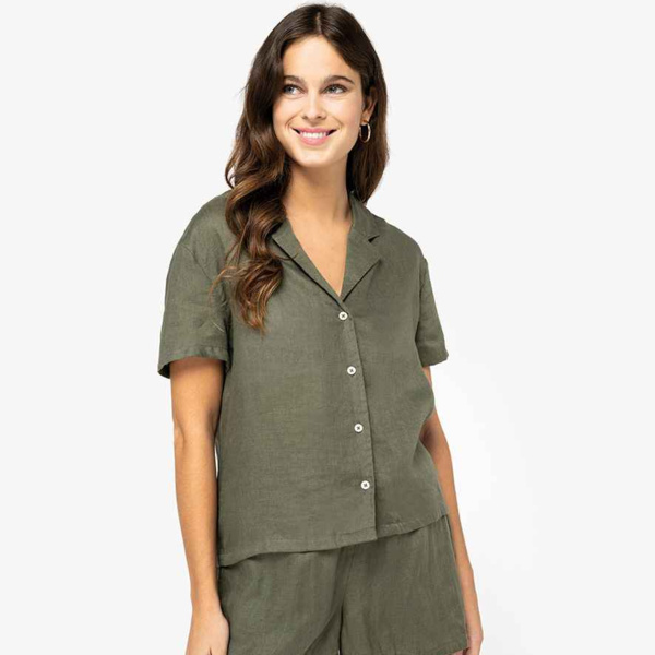 Spasso Ladies Short Sleeve Linen Bowling Collar Shirt Thumbnail